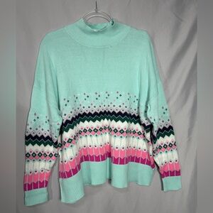 Crown & Ivy Size Fair Isle Mock Neck Sweater Mint Green Pink Cotton Blend XL